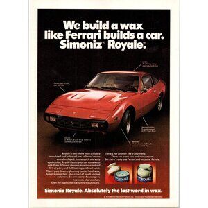 1973 Simoniz Royale Wax Ferrari 365 GTC4 Vintage Print Ad Man Cave 70s Wall Art